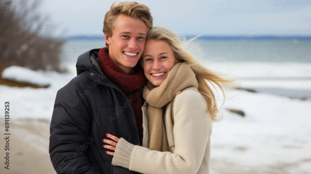 Fototapeta premium Embraced by the winter's chill, a happy couple stands on the serene beach, holding each other close.