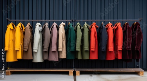 coats are lined up on a rack outside, photo