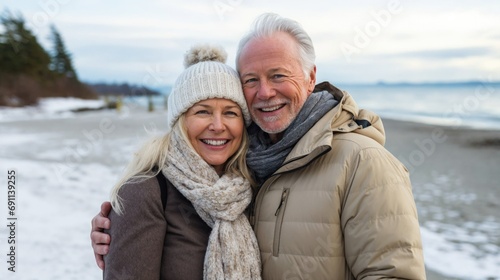 Embraced by the winter's chill, a happy senior couple stands on the serene beach, holding each other close.