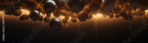 colorful balloons are floating down above a dark background