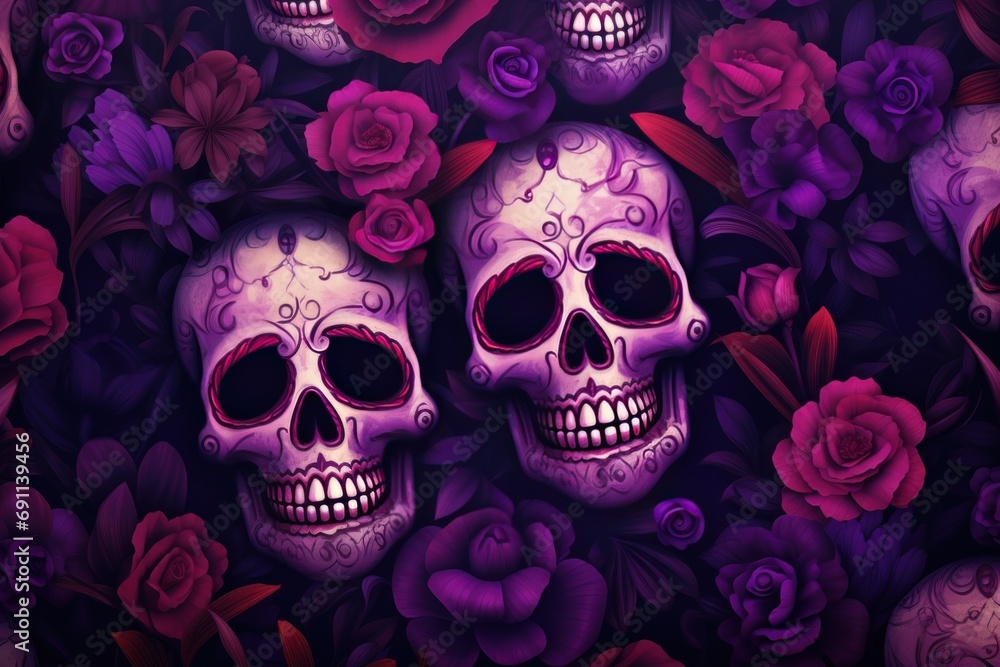day of the dead flower skulls on dark purple