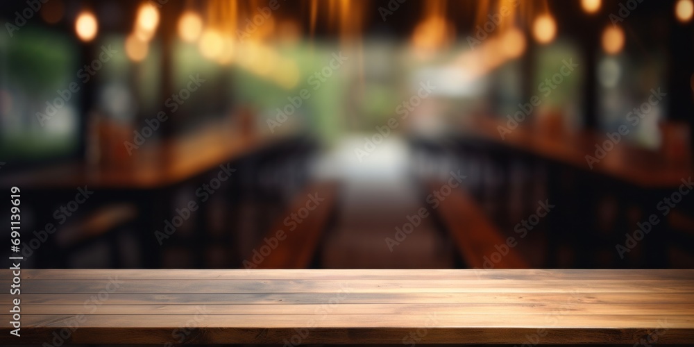 empty wooden wooden table in front of the black walls restaurant