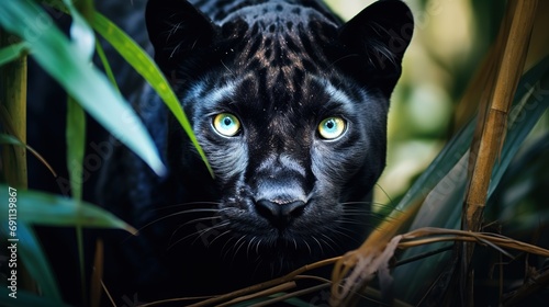 Portrait of a black panther in a river