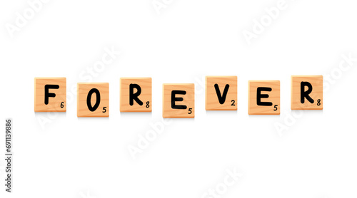 Forever word phrase. Wooden tiles lettering. Square block saying with letters. Game asset, puzzle or crossword games, vector quote illustration.