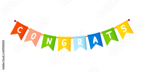 Congrats colorful party flags on white background. Vector holiday celebration greeting card. Cartoon lettering. Flag garland.