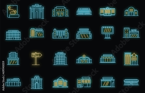 Exhibition center icons set. Outline set of exhibition center vector icons neon color on black