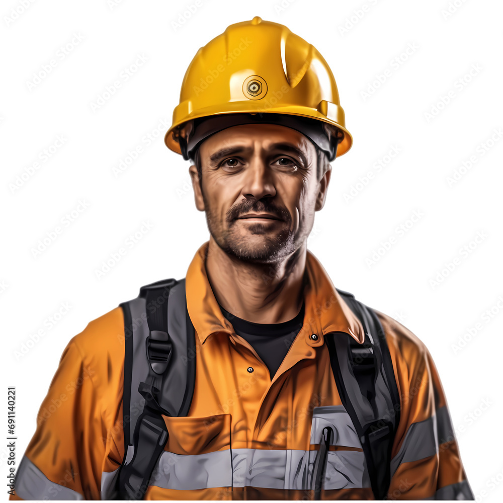 Half length portrait of construction worker wearing safety clothing isolated on transparent background Half length portrait of construction worker wearing safety clothing isolated on transparent background