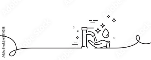 Washing hands line icon. Continuous one line with curl. Sanitary cleaning sign. Hand wash symbol. Washing hands single outline ribbon. Loop curve pattern. Vector