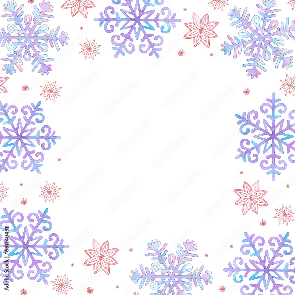 Hand drawn watercolor beautiful snow flakes frame border isolated on white background. Can be used for cards, labels, banner and other printed products.