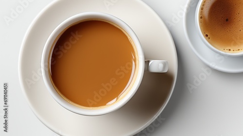  a close up of a cup of coffee on a saucer next to a cup of coffee on a saucer on a saucer on a white table with a white background.