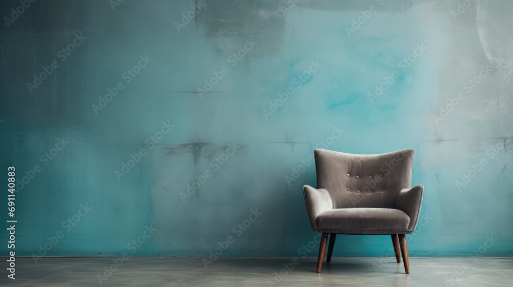  a chair sitting in front of a blue wall in a room with a concrete floor and walls painted in shades of teal and grey, with a wooden frame. - obrazy, fototapety, plakaty 