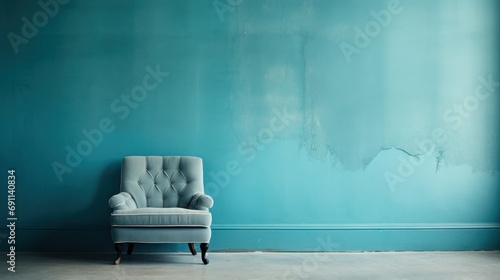  a chair sitting in front of a blue wall with a paint chipping off of the back of the chair and a paint chipping off of the wall behind it. photo
