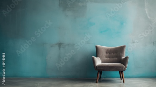  a chair sitting in front of a blue wall in a room with a concrete floor and walls painted in shades of teal and grey, with a wooden frame.