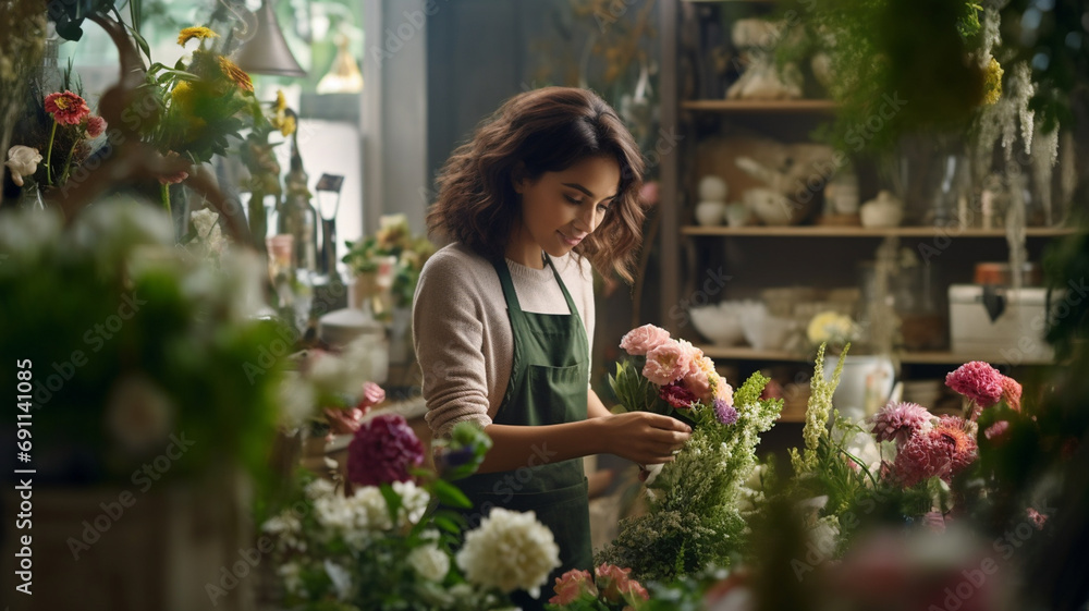female florist making bouquet in flower shop.