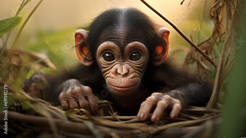 photo of baby chimpanzee, cinematic created with Generative Ai © Andrii Yablonskyi