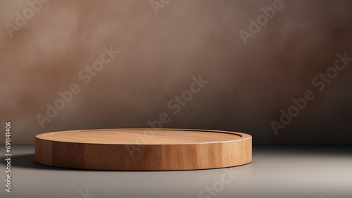 wooden round pedestal on a dark background. 3 d illustration