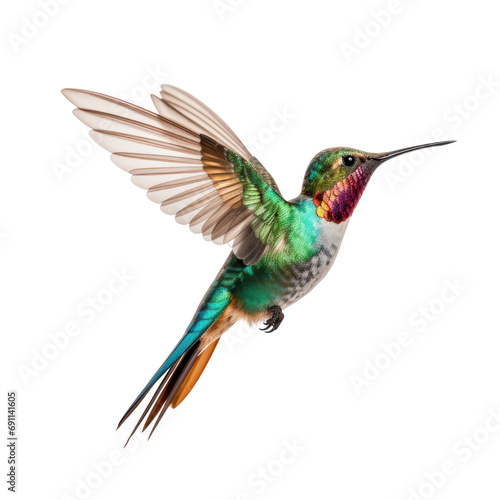 A close-up of a hummingbird in flight, capturing its rapid wing movement and iridescent colors © steffenak