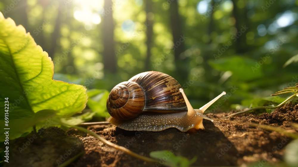 realistic close up photo of snail in a sun dappled forest created with Generative Ai realistic close up photo of snail in a sun dappled forest created with Generative Ai