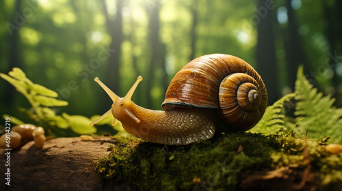 realistic close up photo of snail in a sun dappled forest created with Generative Ai photo