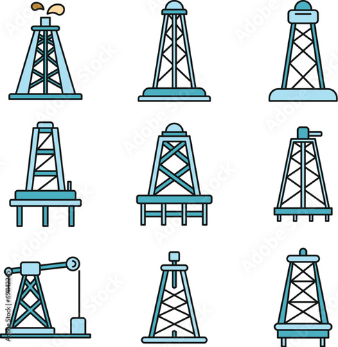 Derrick oil icons set. Outline set of derrick oil vector icons thin line color flat on white