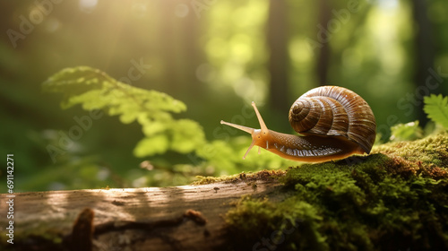 realistic close up photo of snail in a sun dappled forest created with Generative Ai