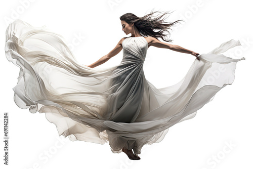 A dancer in mid-leap, with a flowing dress and dynamic hair movement, capturing the elegance and energy of dance
