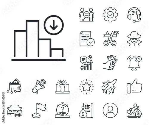 Column chart sign. Salaryman, gender equality and alert bell outline icons. Decreasing graph line icon. Crisis diagram symbol. Decreasing graph line sign. Spy or profile placeholder icon. Vector