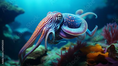realistic macroscopic photo of a beautiful colourful cuttlefish created with Generative Ai © Andrii Yablonskyi