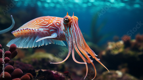 realistic macroscopic photo of a beautiful colourful cuttlefish created with Generative Ai © Andrii Yablonskyi