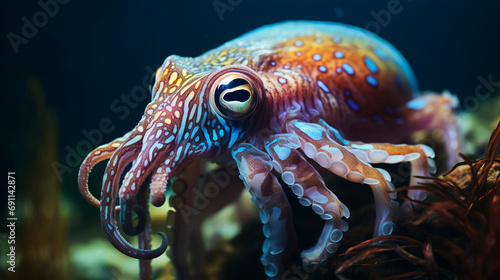 realistic macroscopic photo of a beautiful colourful cuttlefish created with Generative Ai