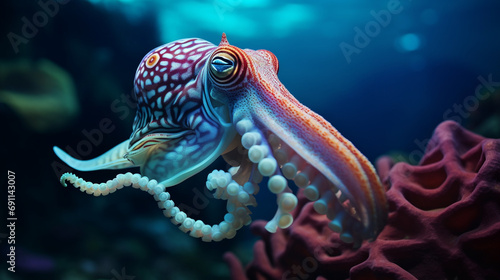realistic macroscopic photo of a beautiful colourful cuttlefish created with Generative Ai photo