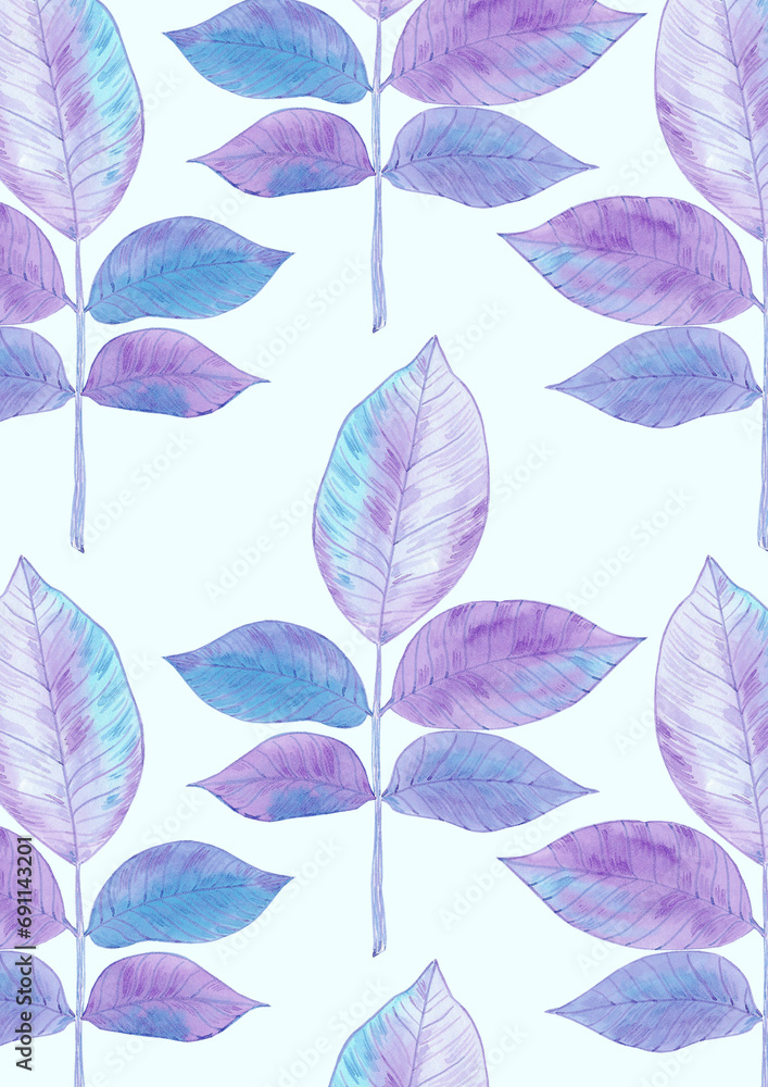 Fototapeta premium Hand drawn watercolor purple and blue walnut leaves post card isolated on white background. Can be used for card, label, book cover and other printed products.