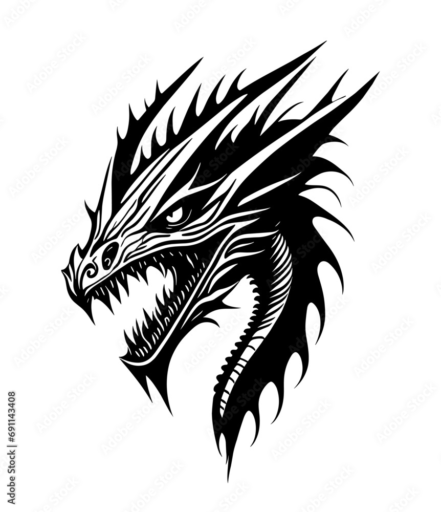 Black drawing of oriental dragon head, symbol of the year 2024