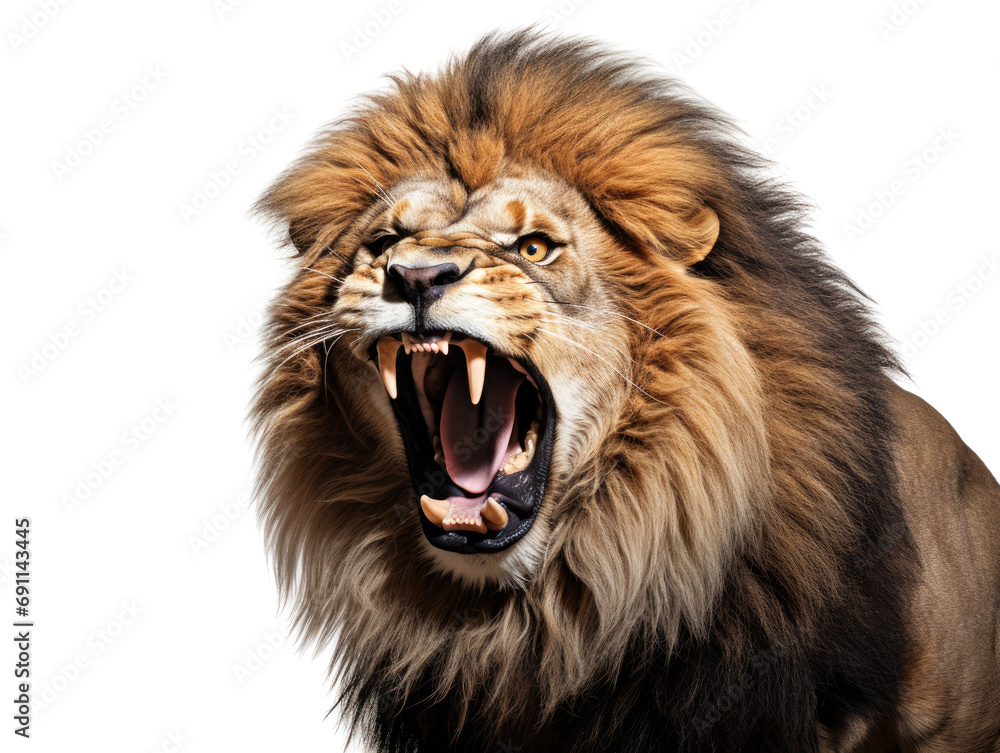 A majestic lion roaring, with detailed focus on the mane and expression, portraying power and wild beauty