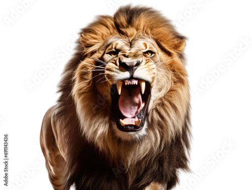 A majestic lion roaring, with detailed focus on the mane and expression, portraying power and wild beauty photo
