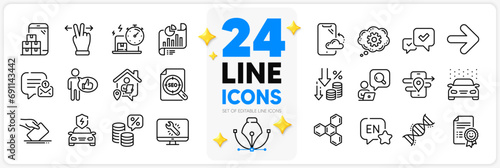 Icons set of English, Approve and Gps line icons pack for app with Like, Deflation, Next thin outline icon. Chemistry dna, New message, Delivery online pictogram. Cogwheel, Car wash, Work home. Vector