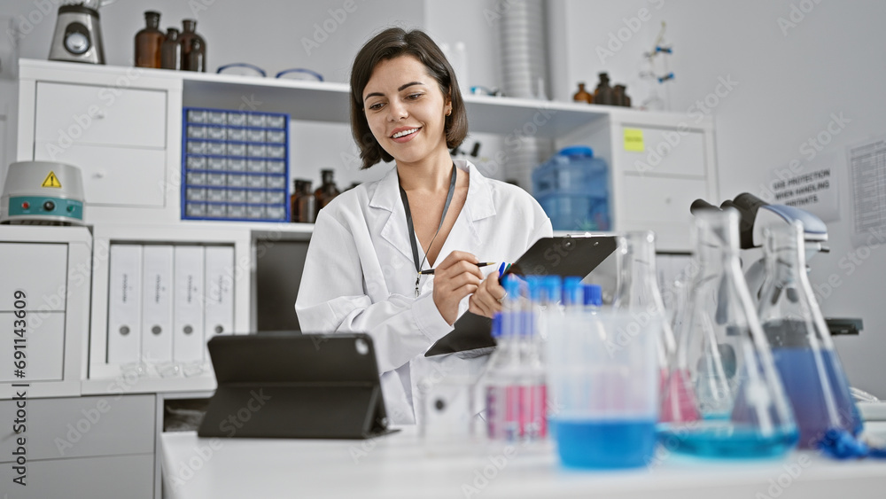 Smiling young hispanic scientist engrossed in video call, a beautiful woman taking notes in a laboratory amidst experiments Smiling young hispanic scientist engrossed in video call, a beautiful woman taking notes in a laboratory amidst experiments