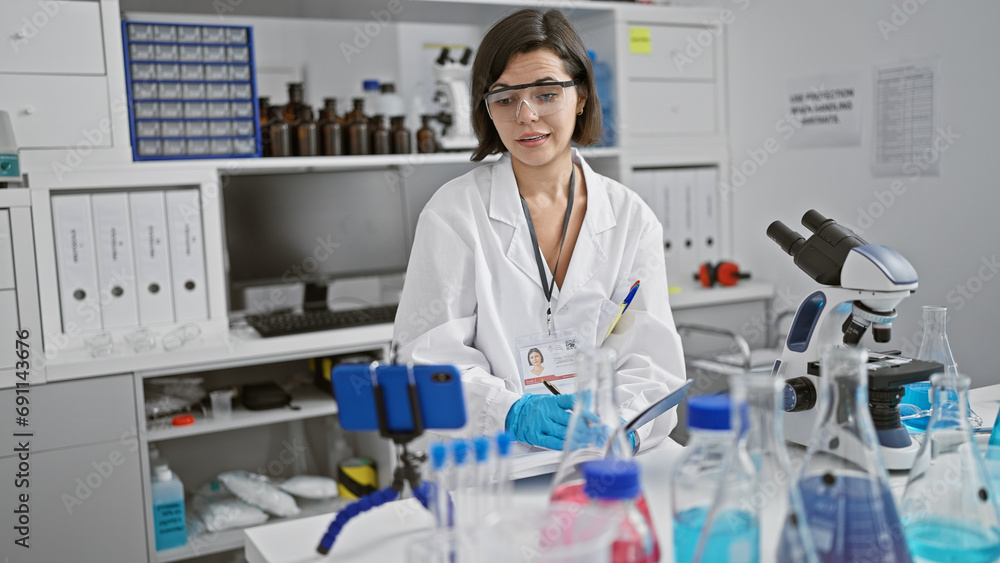 In the hustle of lab life, stunning young hispanic female scientist taking notes while on video call in bustling laboratory