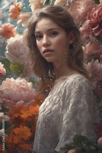 Portrait of a woman among lush floral blooms