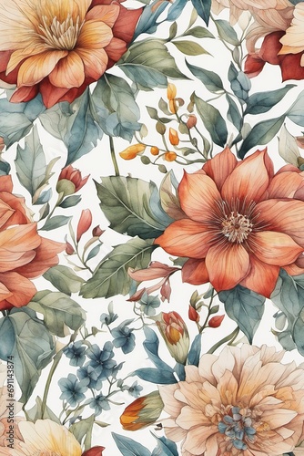 Wallpaper Mural Delicate botanical illustration with lush flowers and leaves Torontodigital.ca