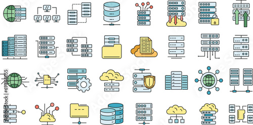 Data center icons set. Outline set of data center vector icons thin line color flat on white