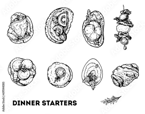 Finger food set. Hand drawn sketch. Vector illustration. Brushetta set. Dinner starters. Variety of small sandwiches. Snack collection.