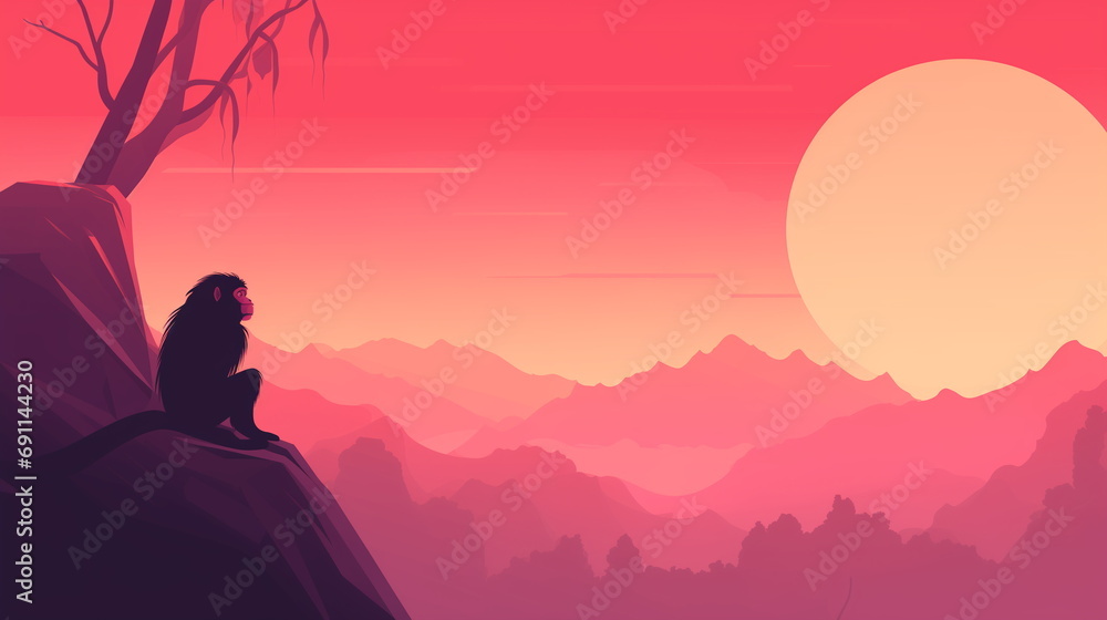 Silhouette of a sitting monkey in a reddish-coloured sunset