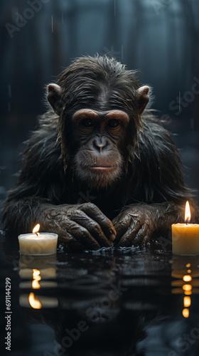 Portrait of a monkey submerged in water with candles photo