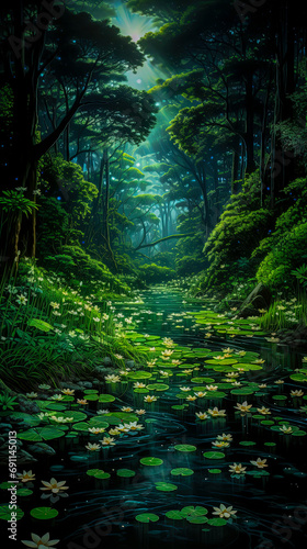 A painting of a stream running through a forest  a storybook illustration  fantasy art  poster art.