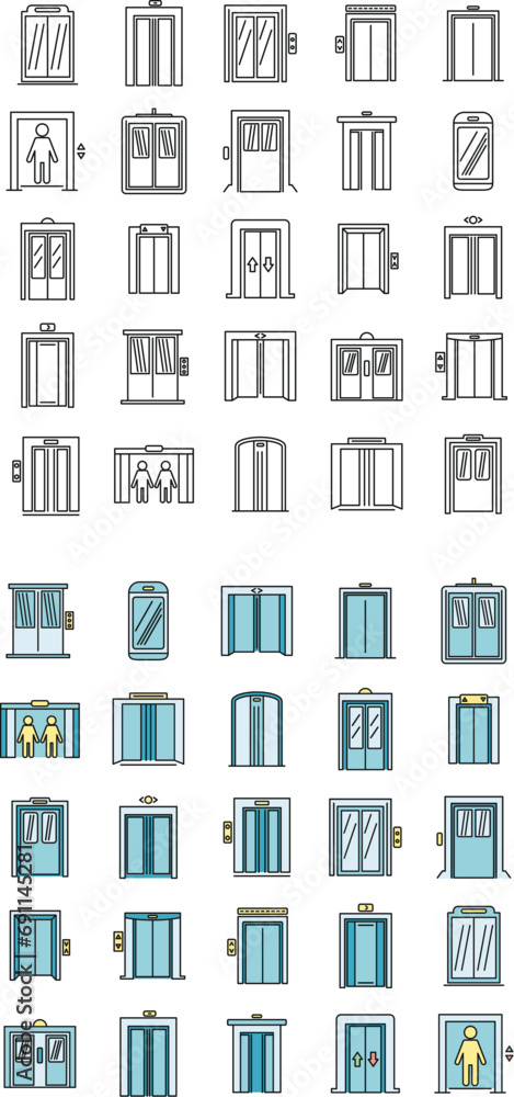 Office elevator icons set. Outline set of office elevator vector icons thin line color flat on white