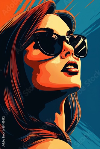 Portrait of a beautiful fashionable woman with a hairstyle and sunglasses, orange and blue color background. Illustration, poster in style of the 1960s