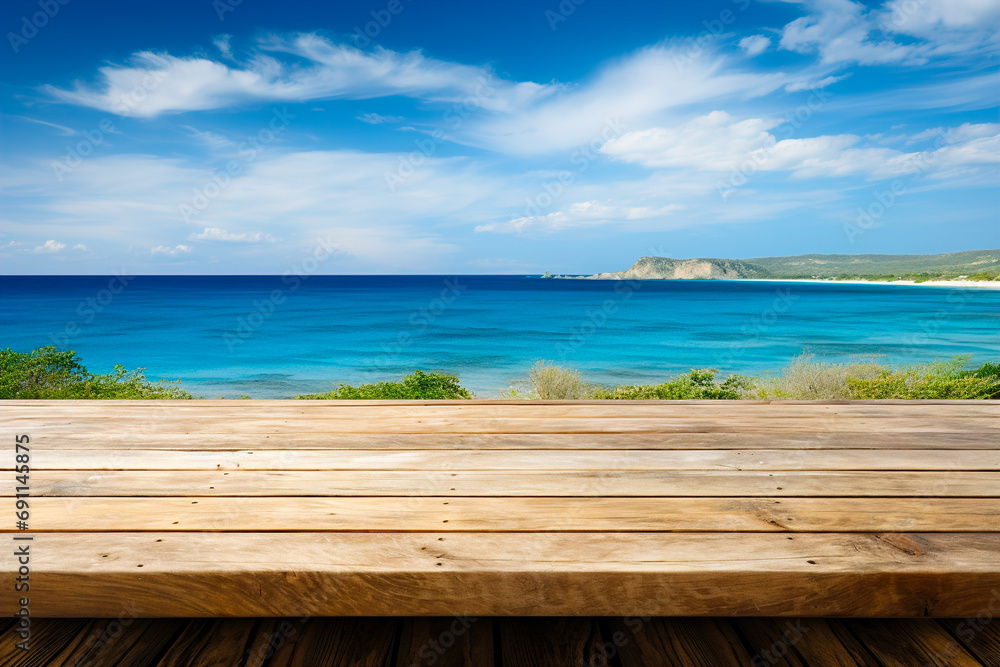 Fototapeta premium Empty wooden table against the background of the ocean.