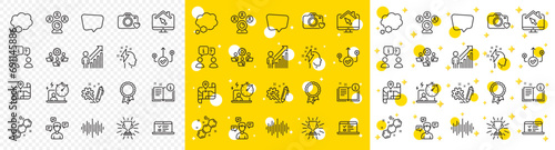 Outline Teamwork, Timer and Correct way line icons pack for web with Chat message, Talk bubble, Trophy line icon. Photo camera, Work home, Sound wave pictogram icon. Video conference. Vector