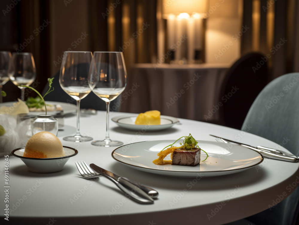 A gourmet dining experience with a beautifully set table A gourmet dining experience with a beautifully set table